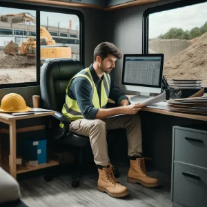 Master RMS Submittal proficiency with eCertify's online course. Perfect for Quality Control teams on USACE projects. Instant certification included.and work boots is seated inside a construction site office, facing a computer monitor and holding plans or documents. Construction equipment is visible through the office window, indicating an active construction site