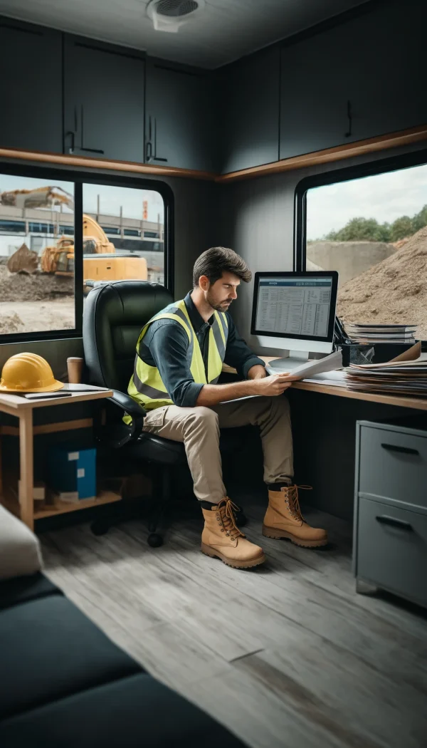 Master RMS Submittal proficiency with eCertify's online course. Perfect for Quality Control teams on USACE projects. Instant certification included.and work boots is seated inside a construction site office, facing a computer monitor and holding plans or documents. Construction equipment is visible through the office window, indicating an active construction site