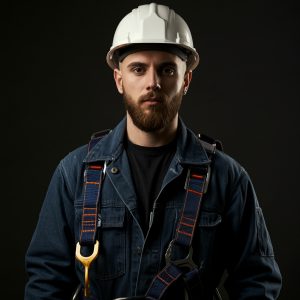"A man standing, looking confident and safe, geared up with a harness and fall protection equipment for Fall Protection Competent Person Training 24-Hr Fall Protection course