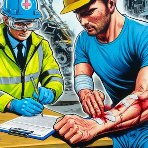 Safety officer filling out an accident report form, documenting details of a workplace incident to ensure compliance with safety regulations.