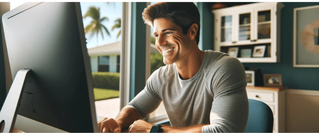 A Florida engineer focused on completing a PDH (Professional Development Hours) course online, with a laptop and study materials on a desk, set in a well-organized home office.”