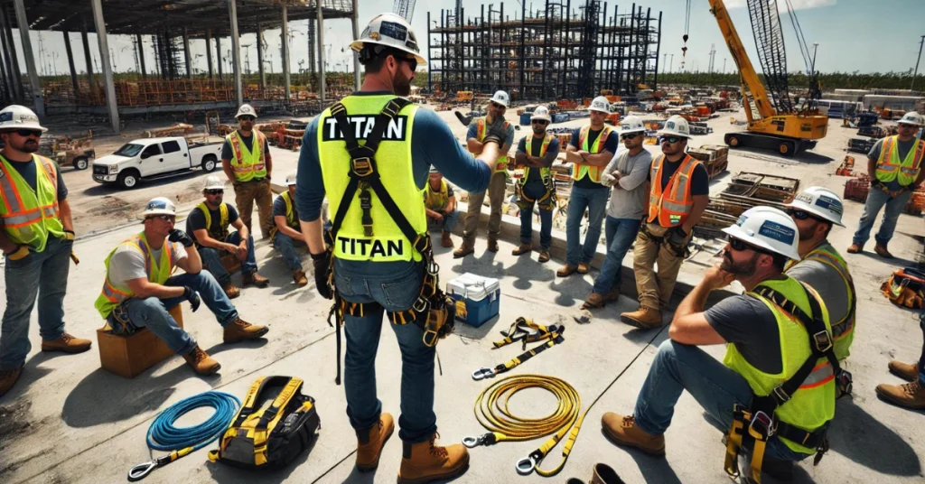 Trainer instructing a group of participants in safety gear on fall protection practices, including the use of harnesses and safety nets, in a classroom or outdoor training environment