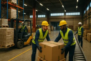 Two industrial workers practicing good material handling procedures.